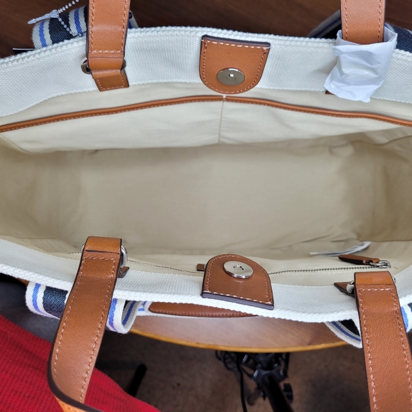 NWT Lauren Ralph Lauren LORA Large Striped Double Handled Cream Canvas Tote Bag - Picture 10 of 10